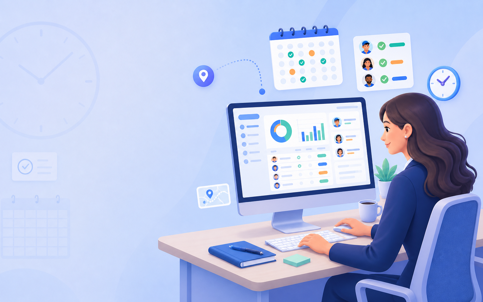 Manager reviewing attendance data alongside mobile employee check-in and schedule tools